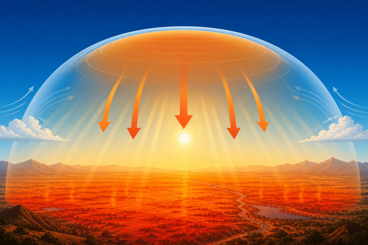 Cross-section illustration of high pressure aloft, sinking warming air, clear skies, and heat building near the ground
