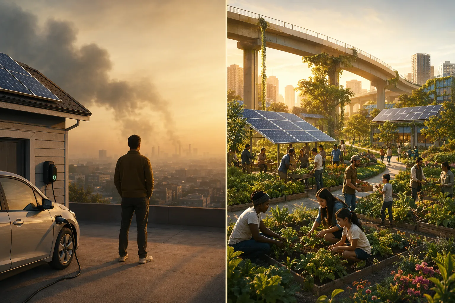 Split composition contrasting individual consumer environmental choices with community-scale environmental justice infrastructure