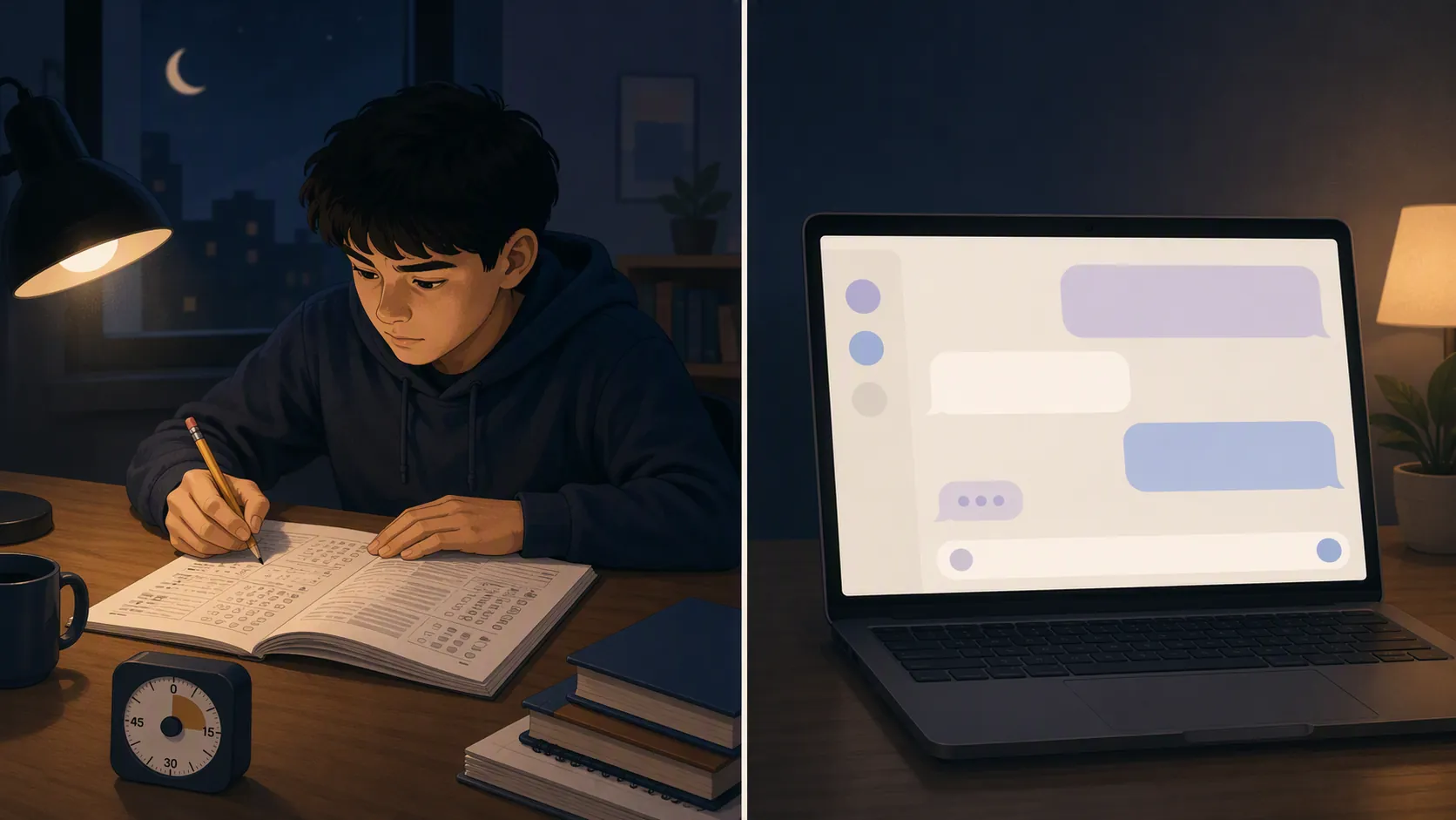 Student studying a printed test booklet beside a laptop with chat bubbles, separated by a clean vertical line