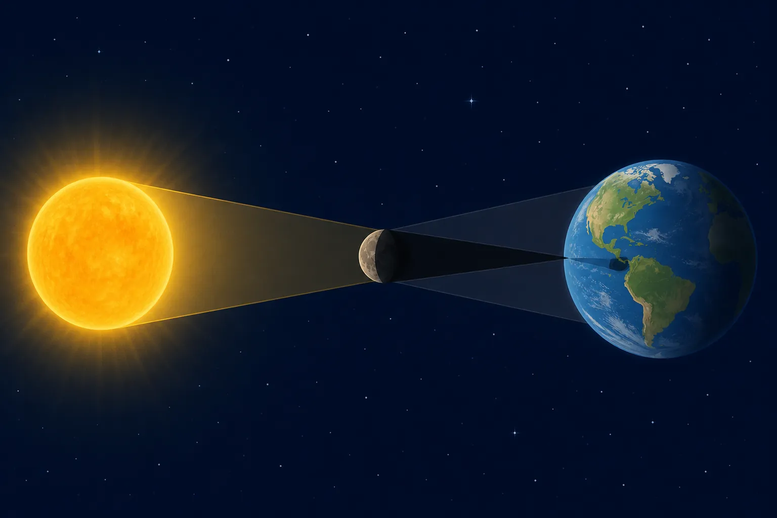 Flat-vector diagram showing the Sun, Moon, and Earth aligned during a solar eclipse, with the Moon casting a narrow shadow onto Earth