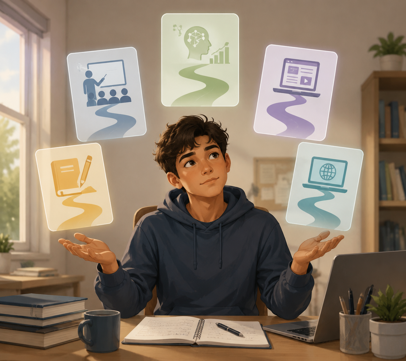A student compares five SAT prep options represented by floating cards for structure, practice, adaptivity, budget study, and free prep