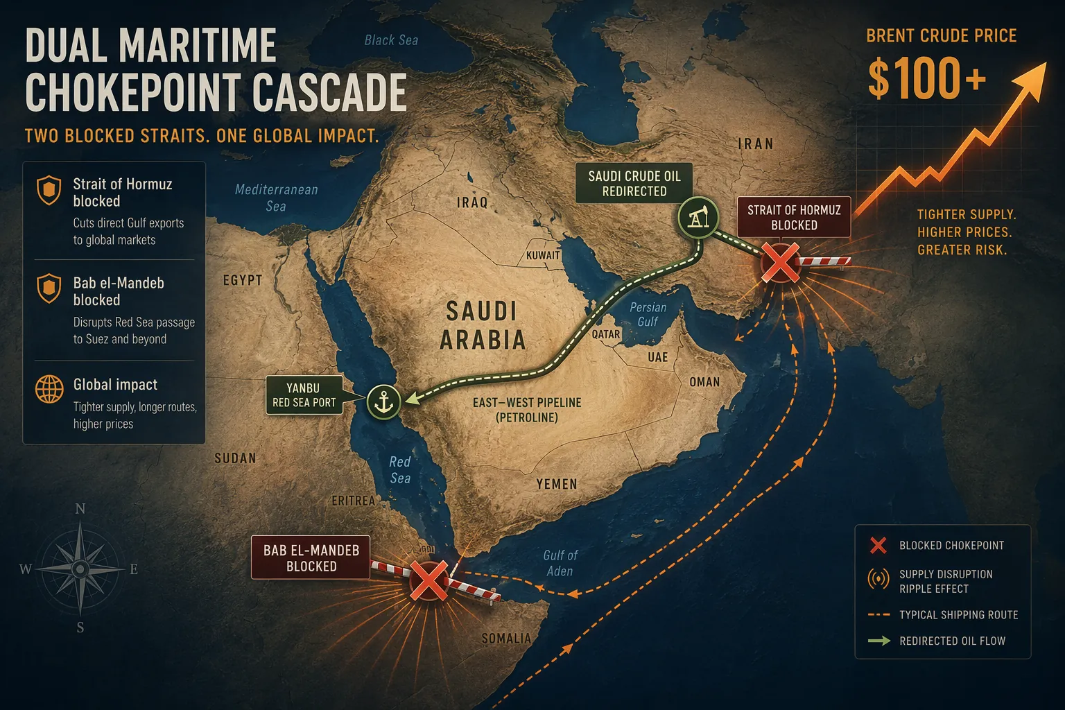 Map illustration showing Hormuz blocked, Saudi crude redirected to Yanbu, and Bab el-Mandeb blocked with a $100 price marker