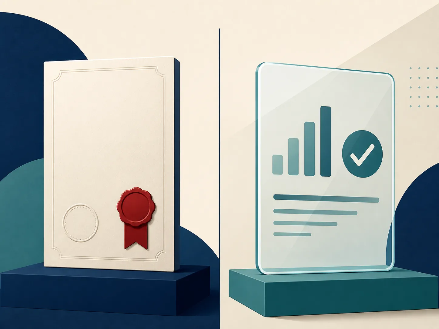 Split illustration distinguishing an official document from an informational results panel
