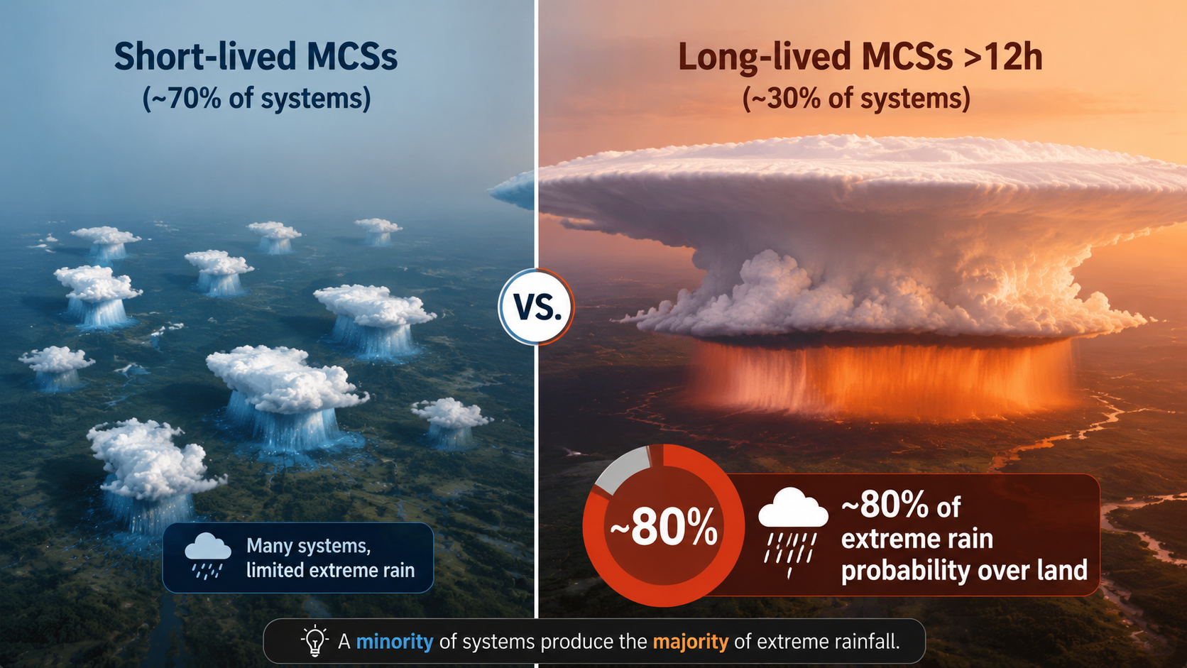 Side-by-side comparison of short-lived mesoscale convective systems and long-lived organized systems, highlighting the much larger contribution of long-lived systems to extreme rain probability over land