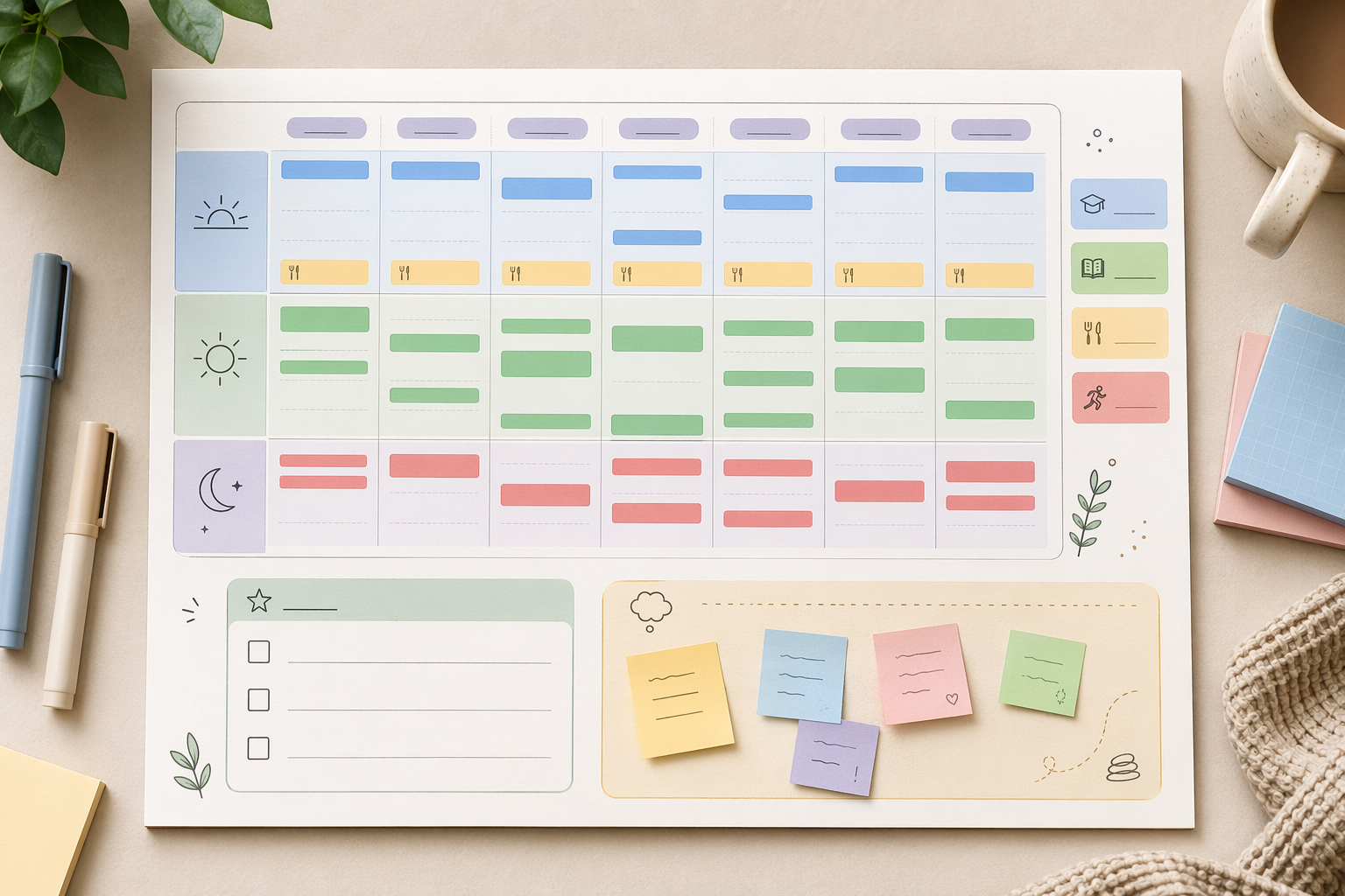 ADHD-friendly weekly study planner layout with time blocks, three priority slots, a brain-dump corner, and color-coded categories