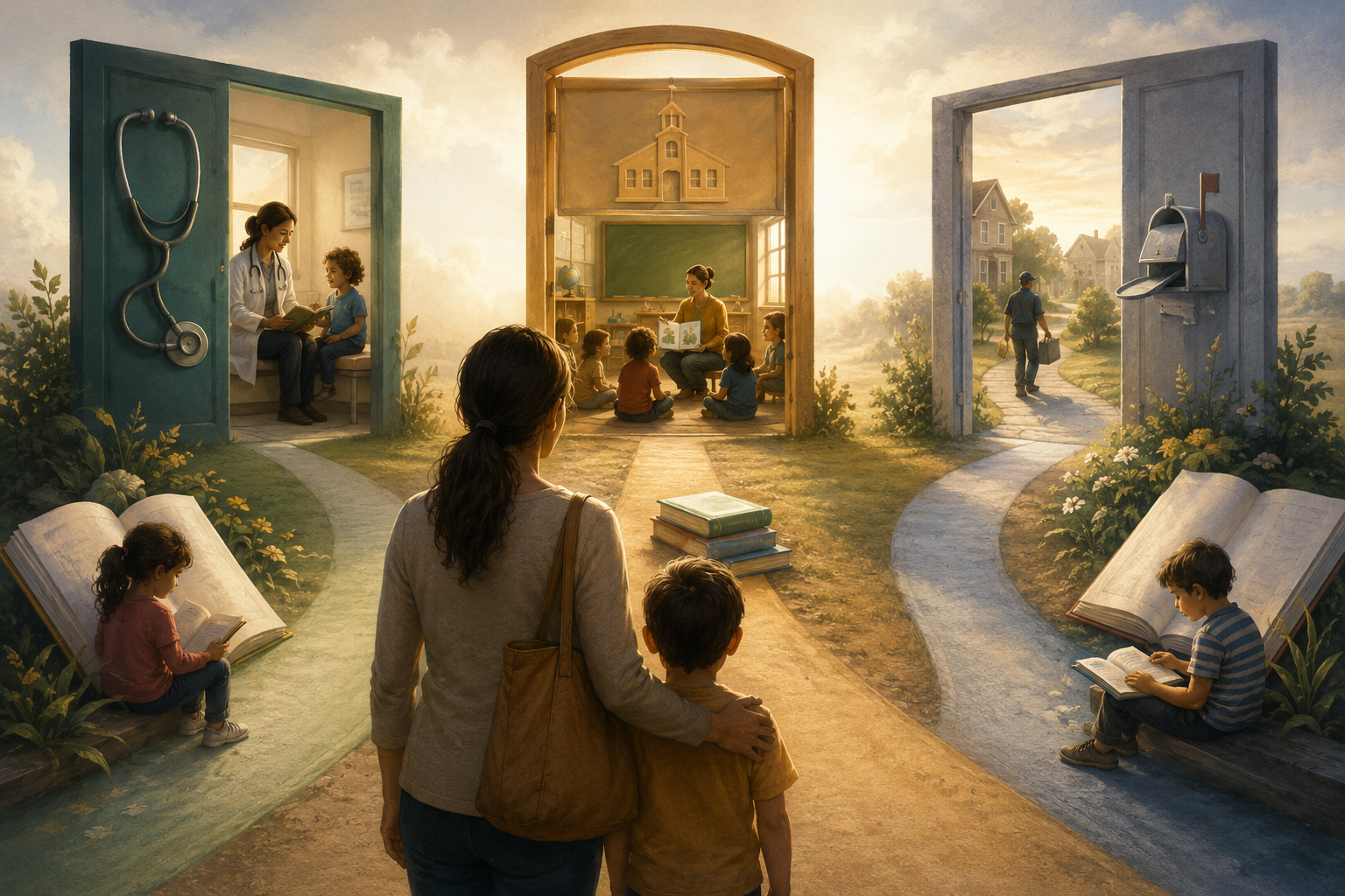 Three pathways showing a clinic, a school, and a mailbox as different infrastructures for children's book giveaway programs