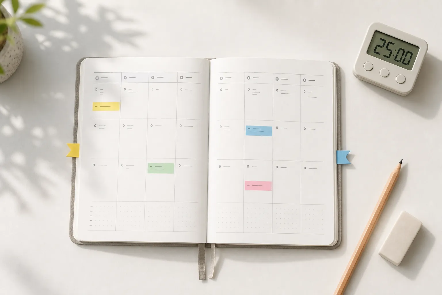 Open weekly planner with four highlighted study blocks, flag markers, timer, pencil, and eraser