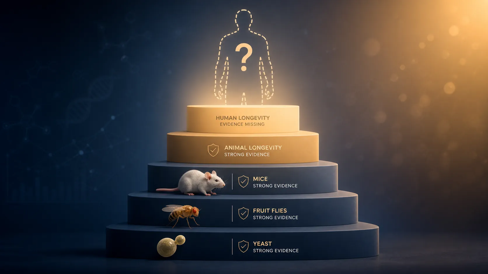 Model organisms climbing an evidence ladder toward an untested human lifespan tier