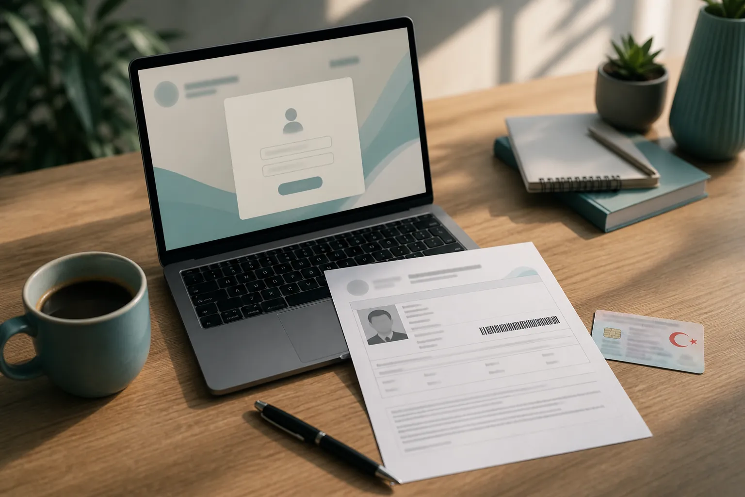 Candidate desk with a government portal on a laptop, a printed exam entry document and a Turkish identity card