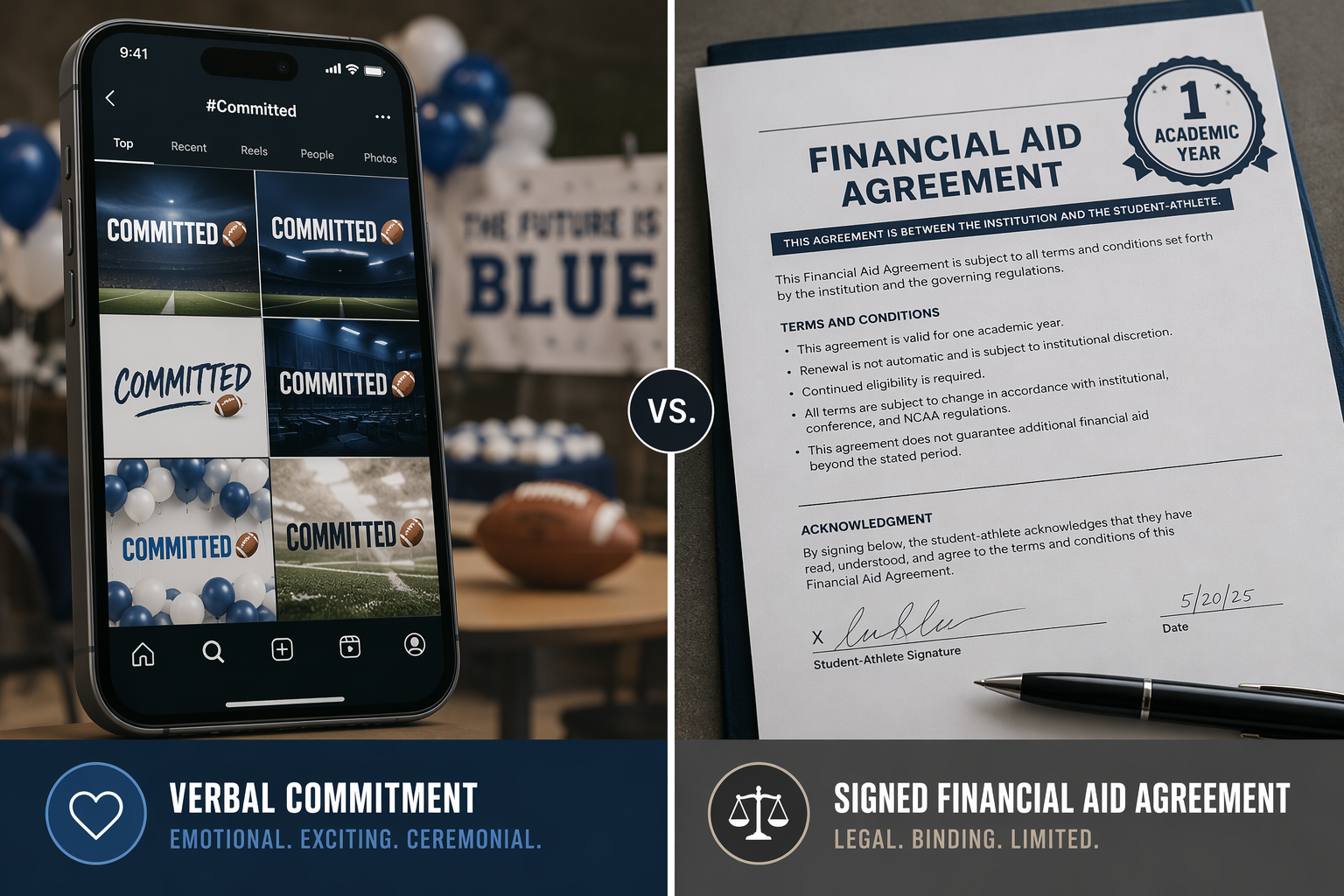 Social media commitment celebration beside a printed financial aid agreement marked for one academic year