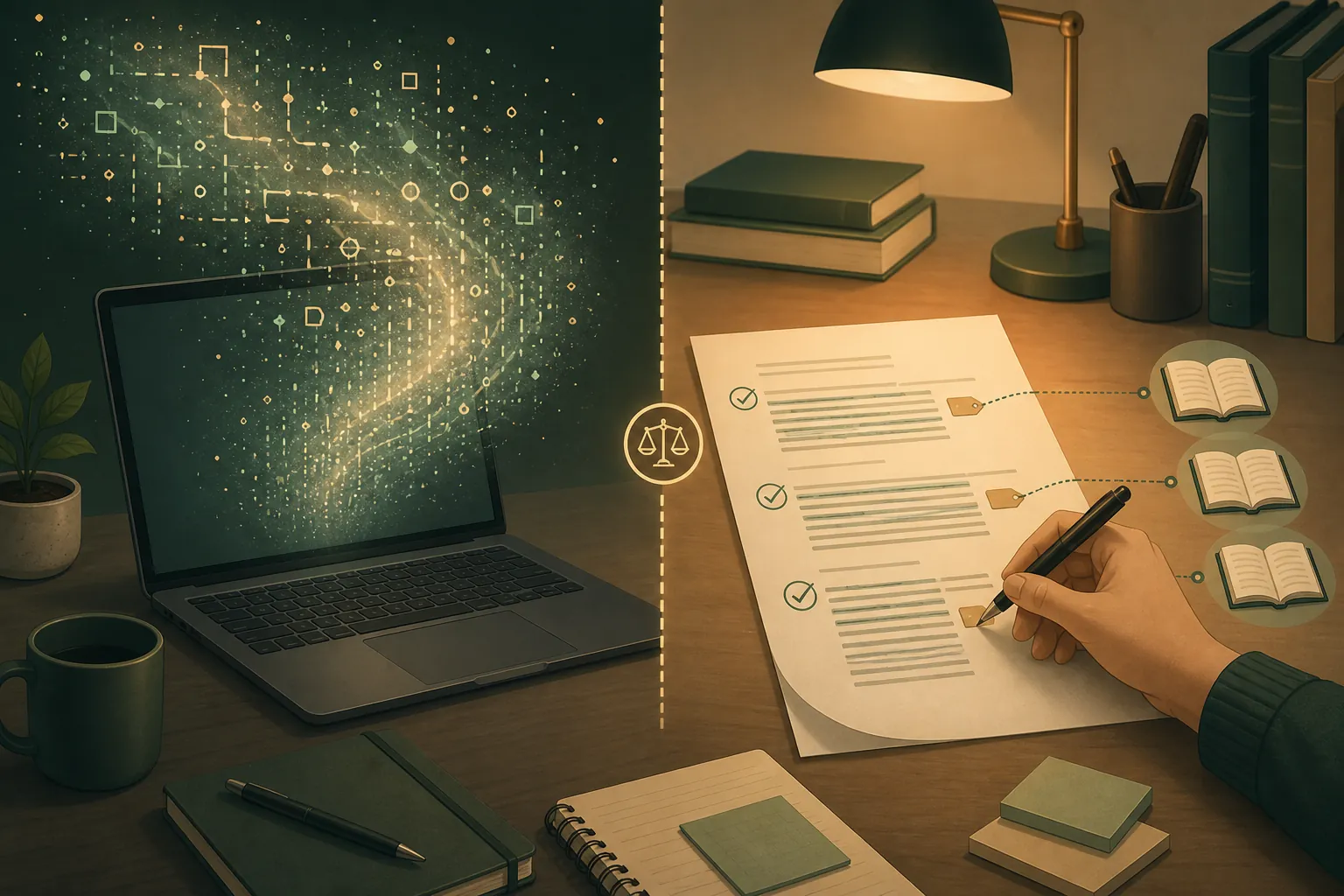 Laptop emitting abstract AI text while a hand marks claims on paper and links them to evidence