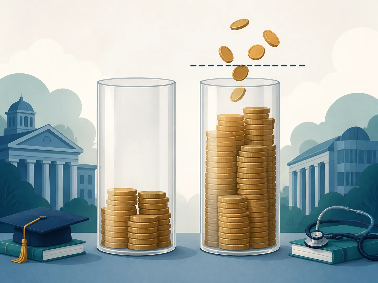 Two glass columns filled with coins, with the taller column spilling over a dashed limit line.