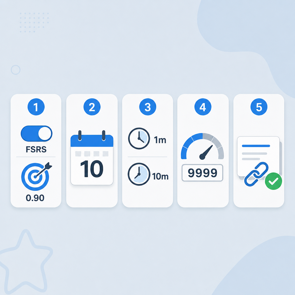 Five numbered icons showing the key Anki settings: a toggle for FSRS, a calendar marked 10, two clock icons for 1m and 10m, a gauge set to 9999, and a card with a chain link and checkmark.
