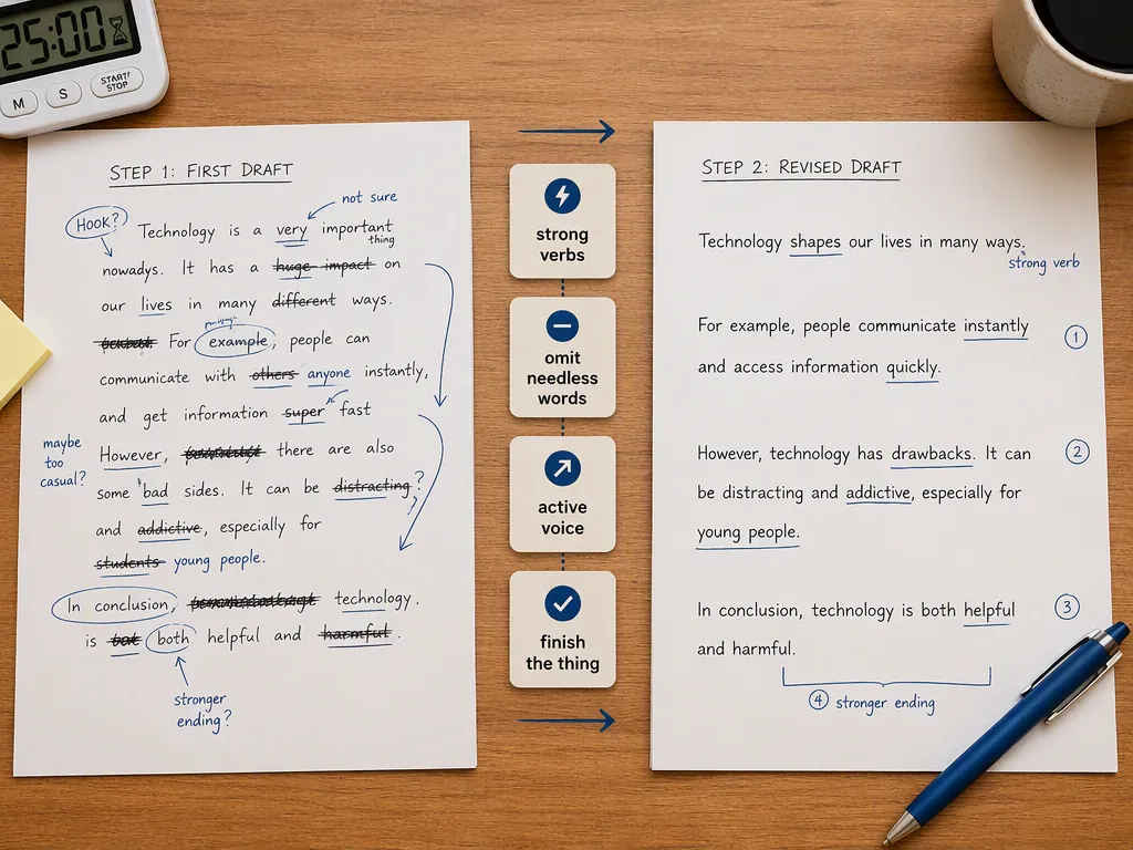 A two-panel editing workflow showing a messy first draft becoming a cleaner revised page through prompts such as strong verbs, omit needless words, active voice, and finish the thing.
