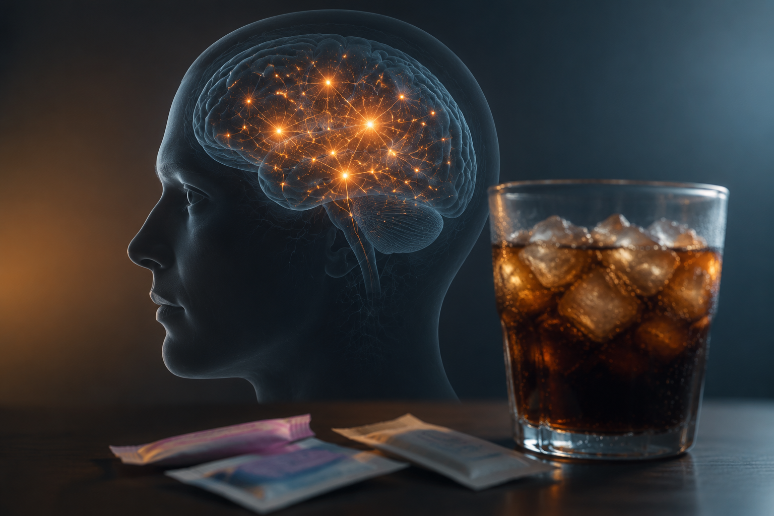 A brain silhouette with glowing neural connections, a diet soda, and sweetener packets in the foreground.