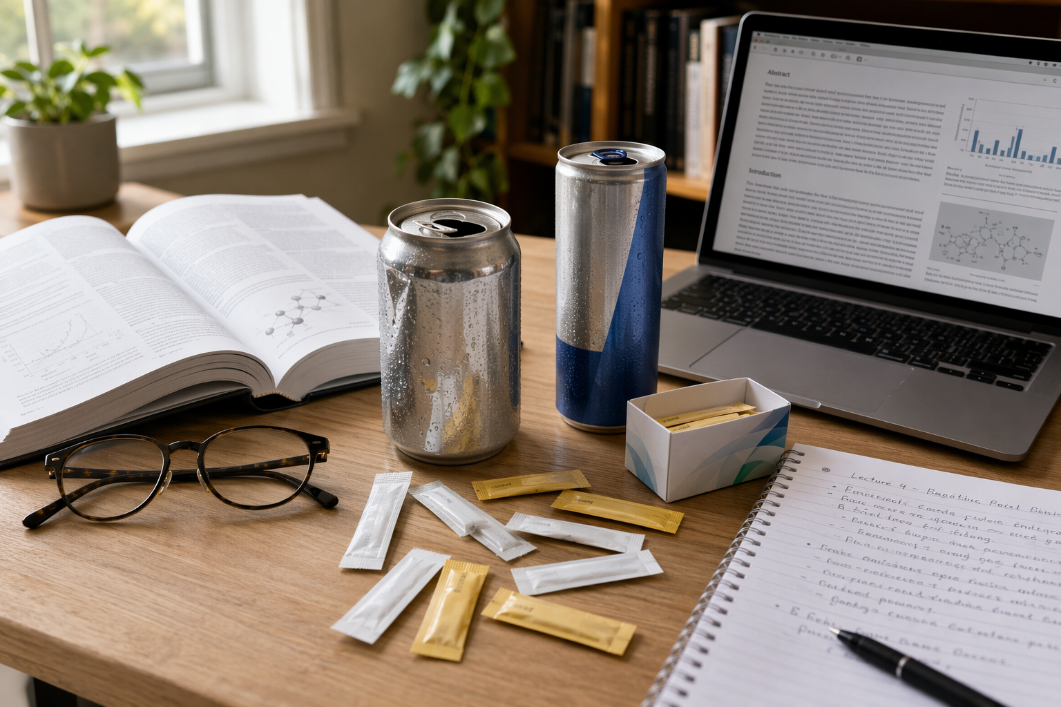 Student study desk with diet soda, sugar-free energy drink, sweetener packets, textbook, notes, laptop, and glasses