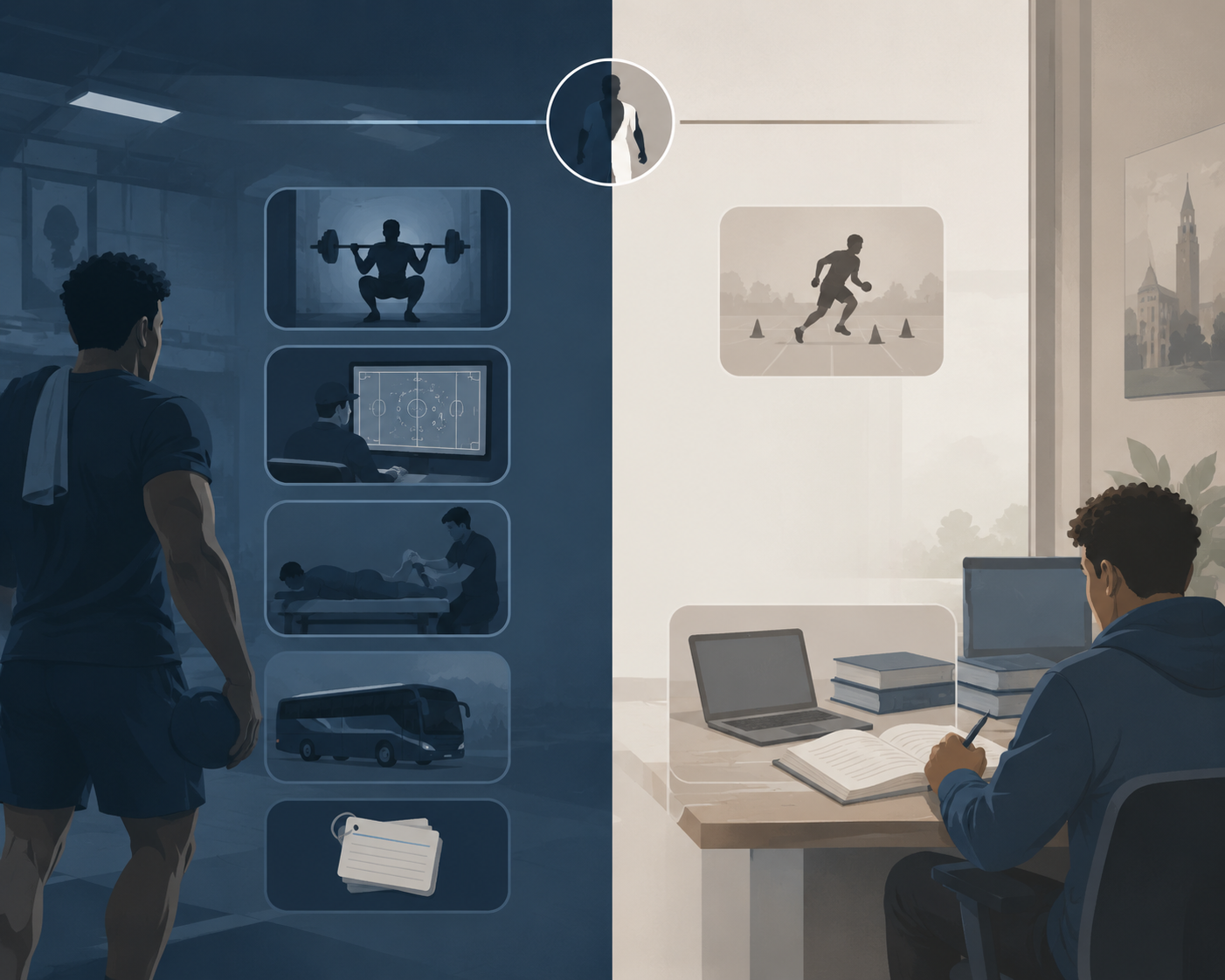 Split-screen illustration comparing a heavy athletic day with a compact study block and a light athletic day with a larger study block
