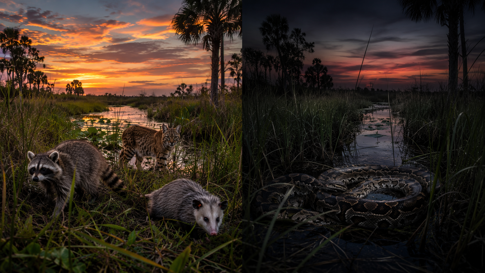 Split comparison of a mammal-rich Everglades wetland and the same landscape emptied of mammals with a Burmese python present