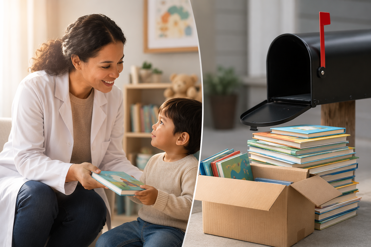 A doctor or educator handing one book to a child contrasted with a stack of books beside a delivery box