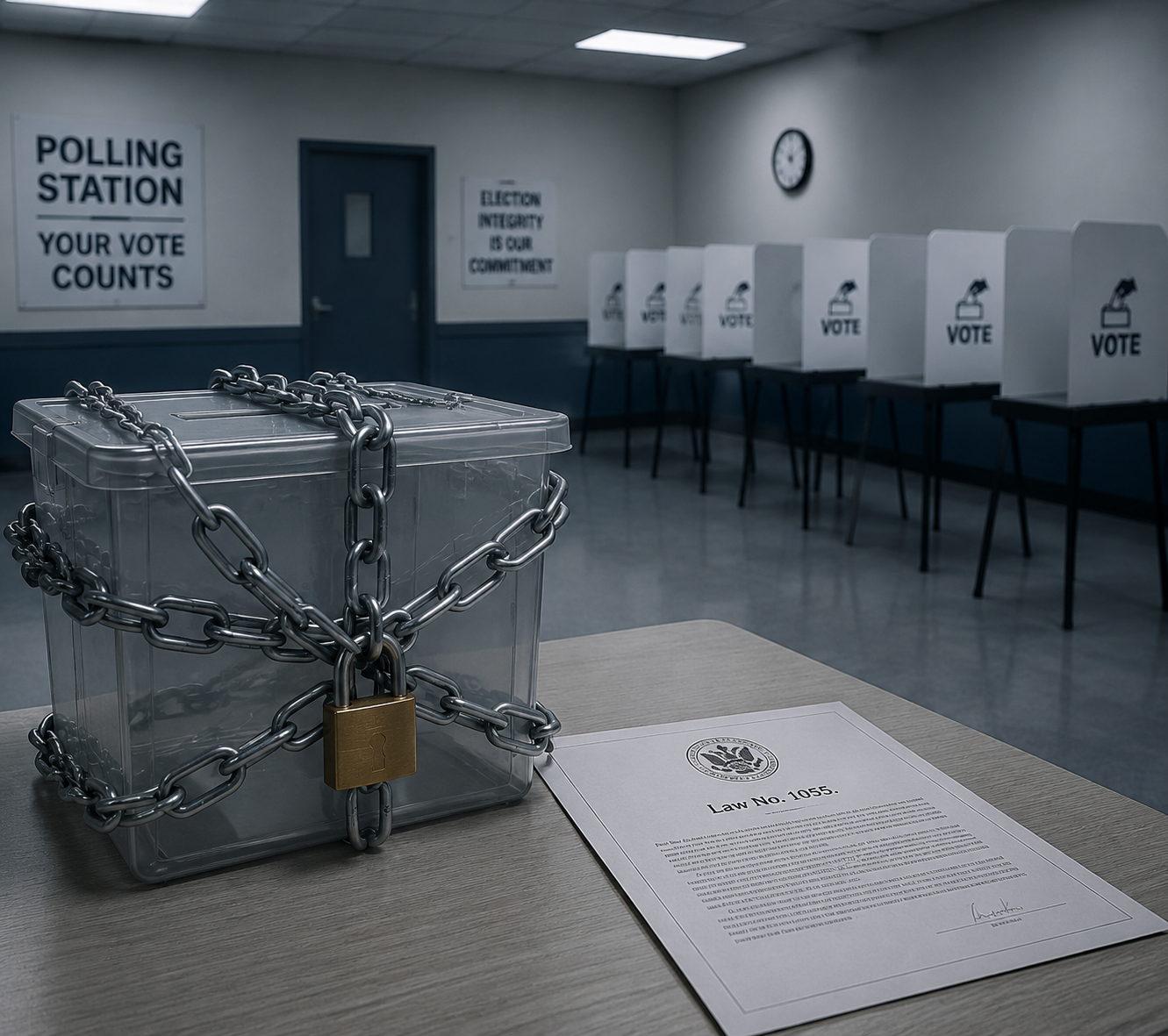 Empty polling station with voting booths and a chained ballot box beside an official document