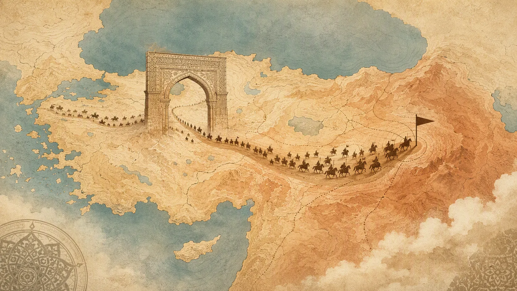 Editorial map showing the site of the 1071 Battle of Manzikert and mounted figures moving westward through an open gateway