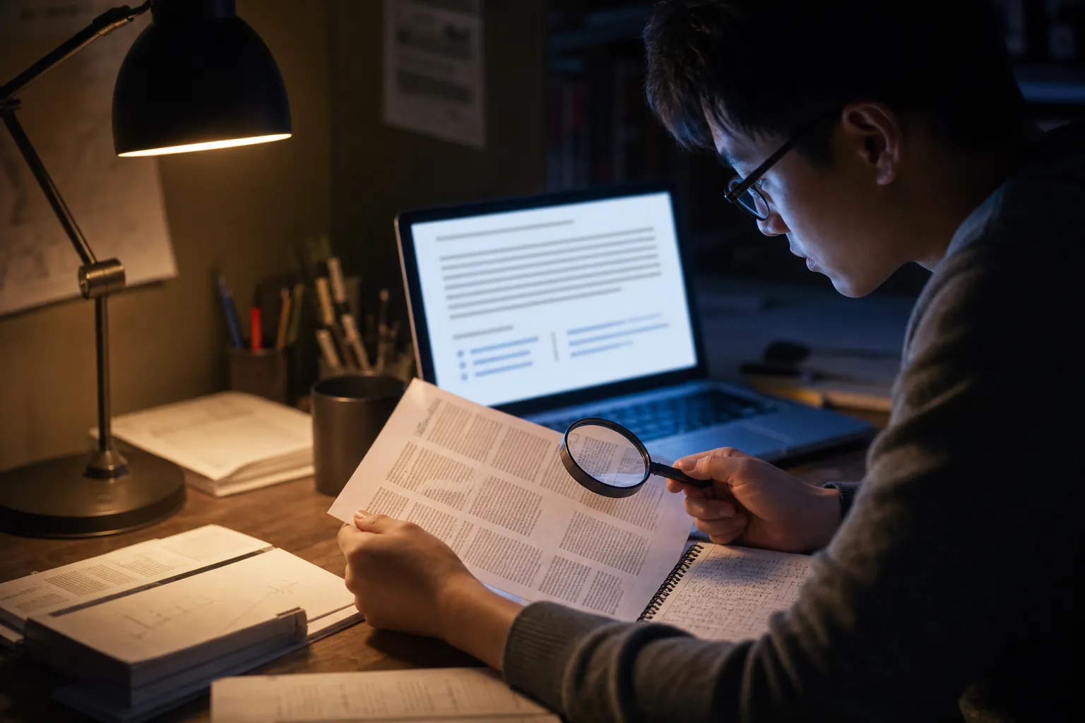 Student cross-checking an AI research answer against official-looking study documents late at night
