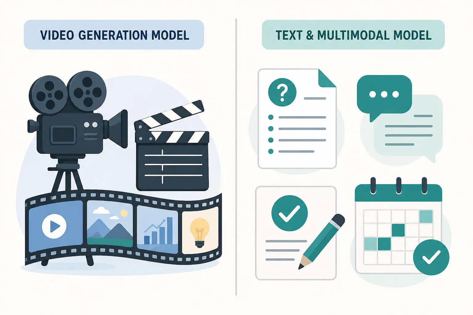 A two-column comparison showing a video generation model on the left and a text multimodal study model on the right