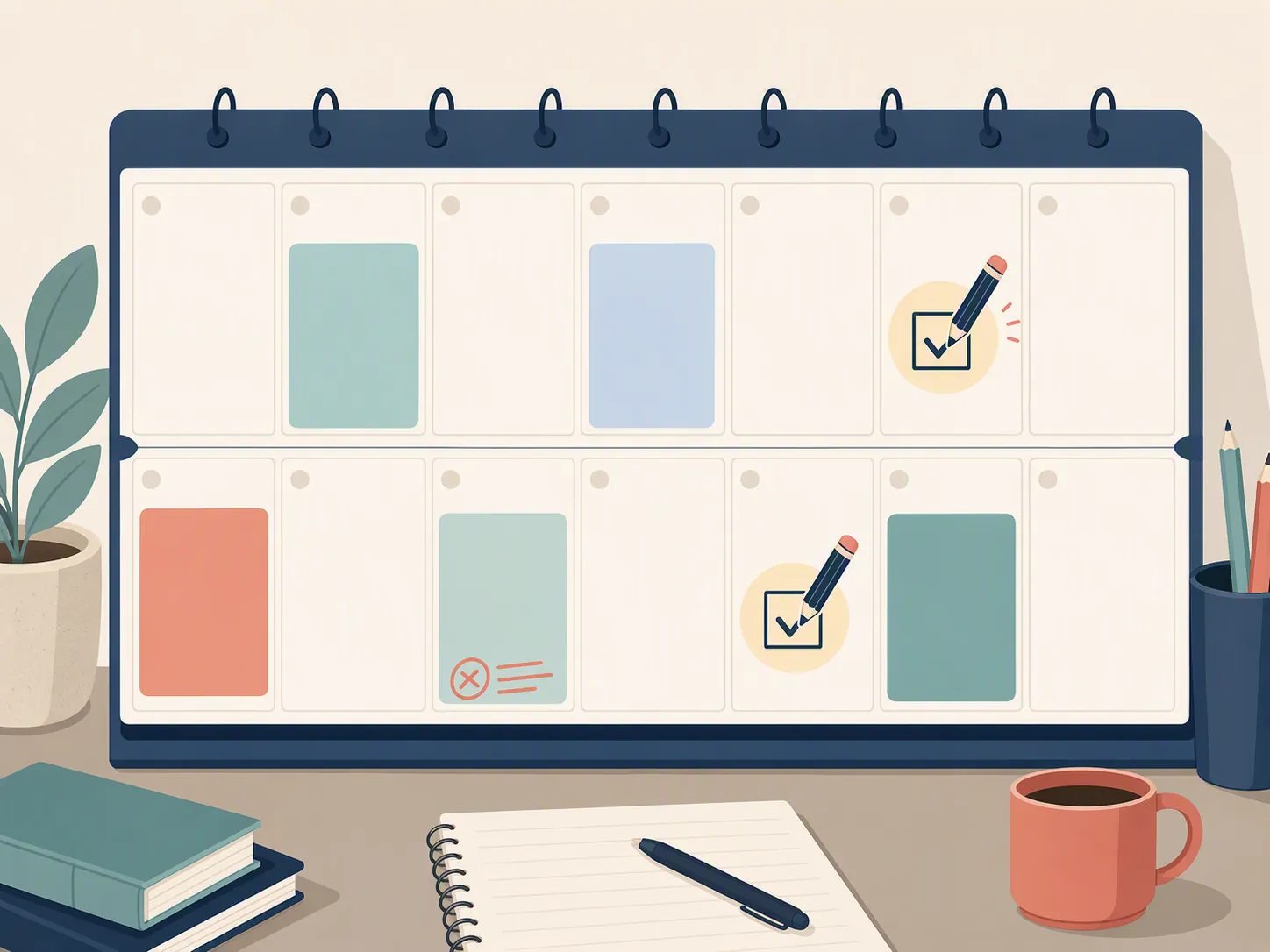 Two-week planner grid with spaced study blocks and practice checkmarks