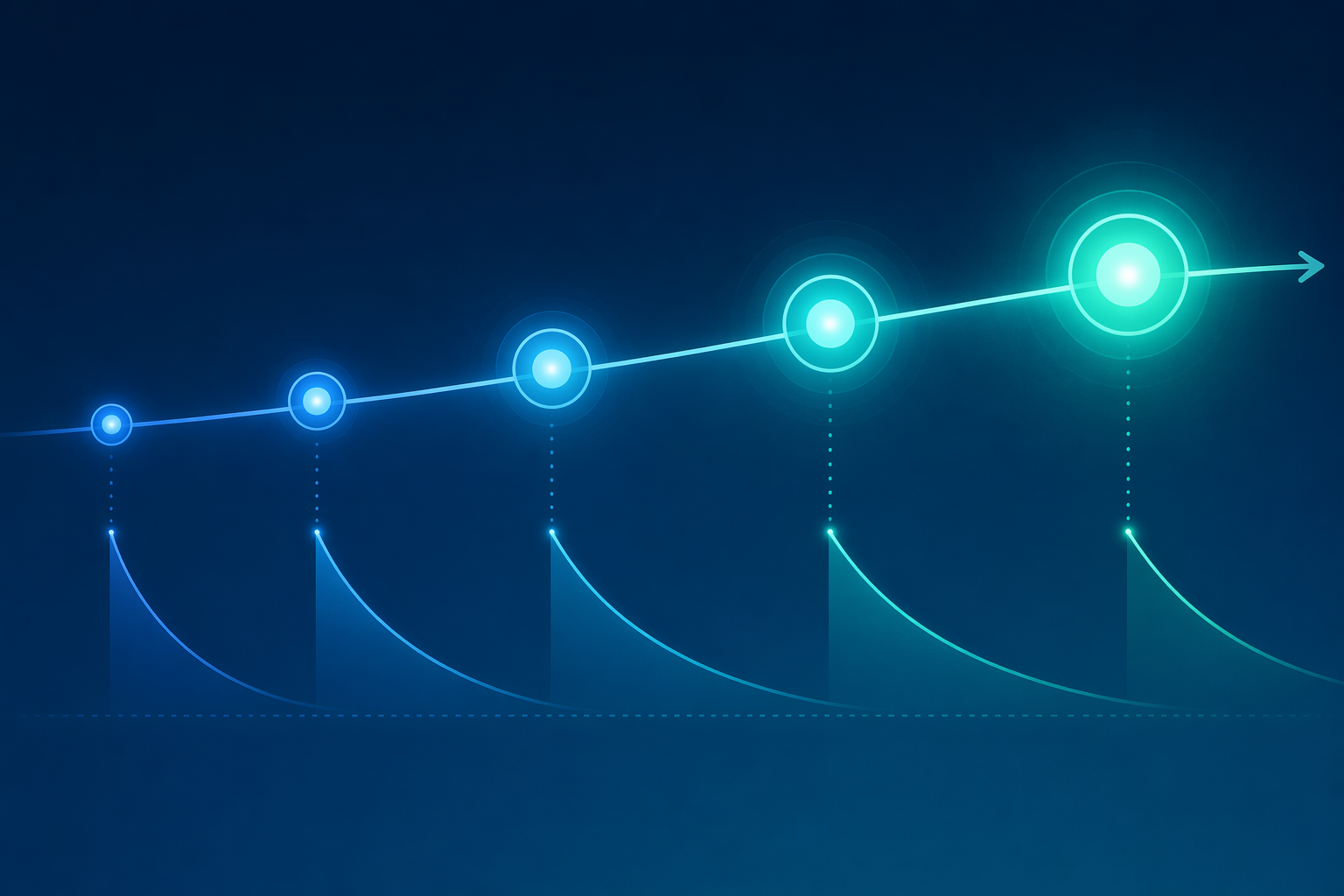 A timeline illustration showing expanding circular nodes along a curved path with a fading curve below each node, representing the forgetting curve being reset by spaced review sessions.