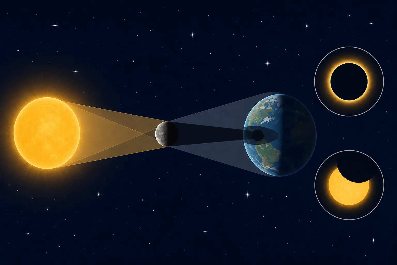 Diagram of umbra and penumbra shadow regions with total and partial coverage insets