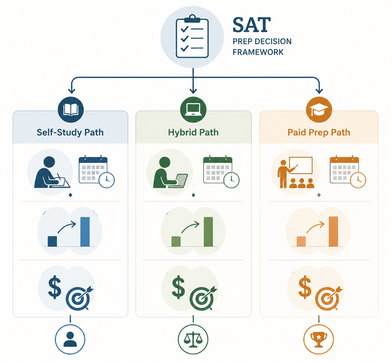 Decision framework showing self-study, hybrid, and paid SAT prep paths