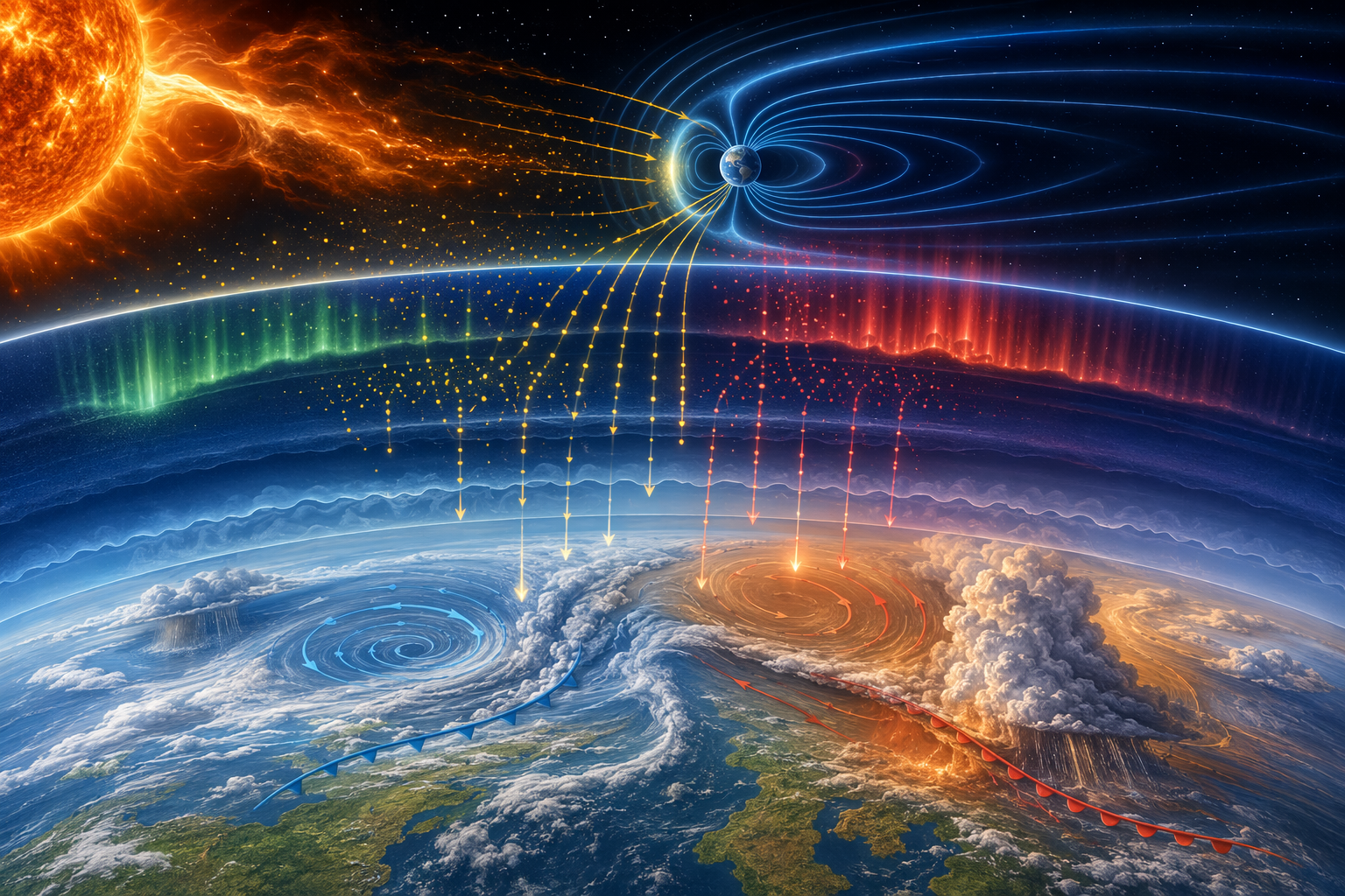 Solar disturbance energy descending through the atmosphere toward weather systems