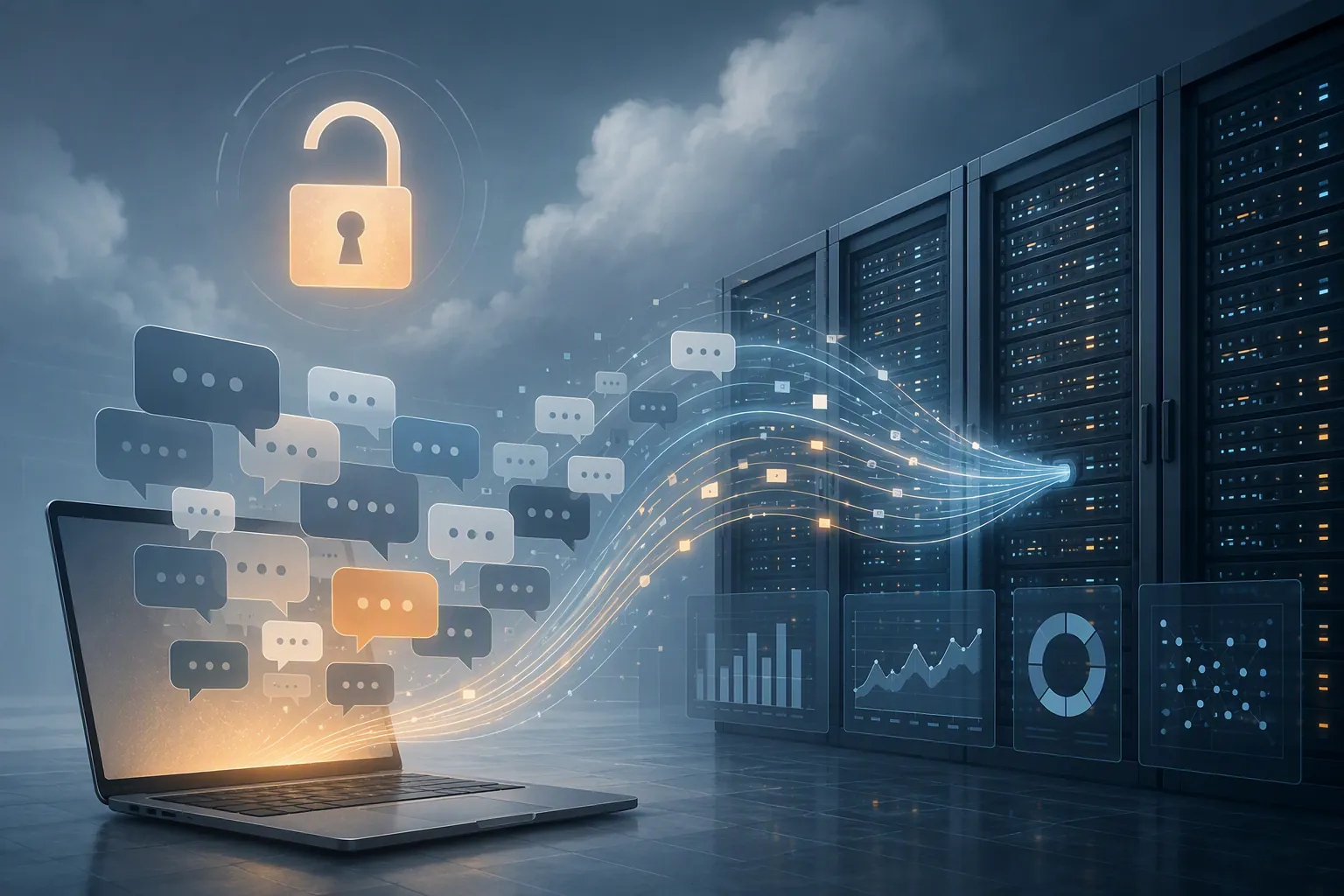 Chat bubbles flowing from a laptop into data center servers with an open padlock icon