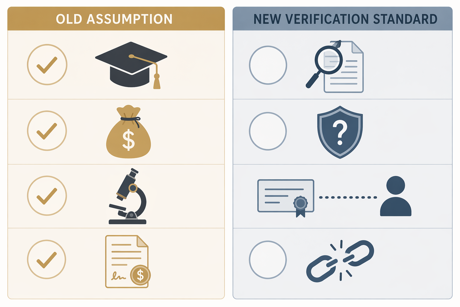 Comparison graphic contrasting old assumptions with new verification standards for PhD admissions, stipends, research placement, and loans