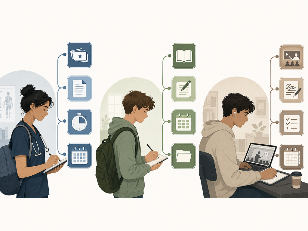 An infographic-style editorial illustration showing three student profiles — a medical student silhouette, a high school student silhouette, and a college student silhouette — each paired with a distinct set of four app icons connected in a stack by a flowing line.