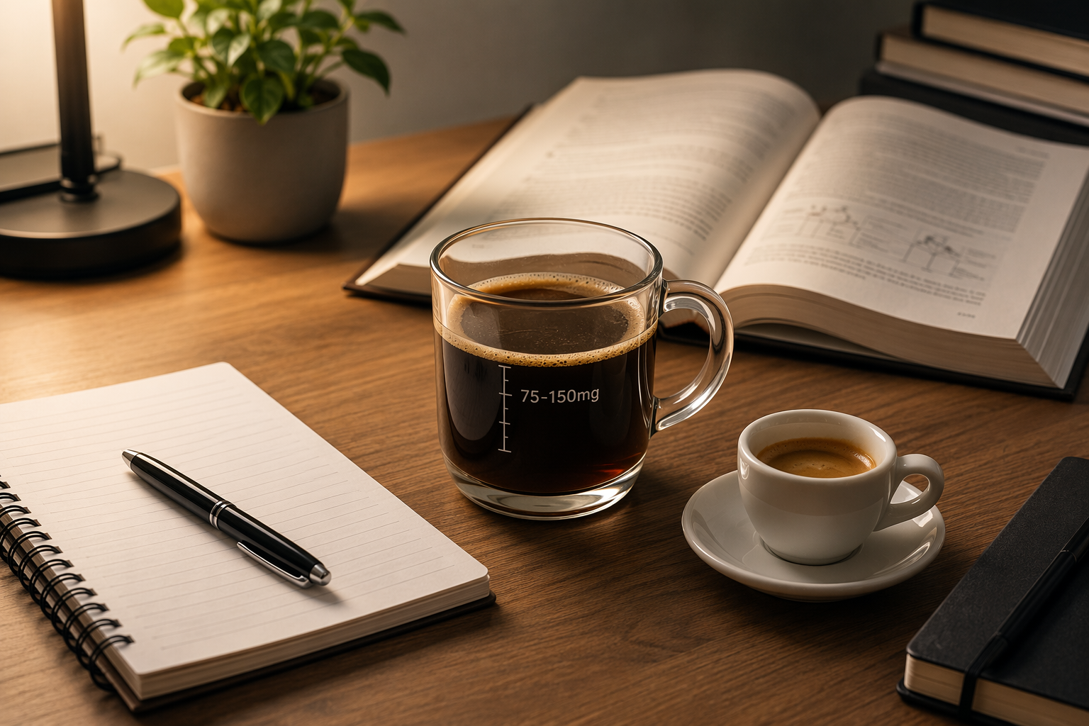 Measured 75-150mg coffee cup on a study desk with books and notes