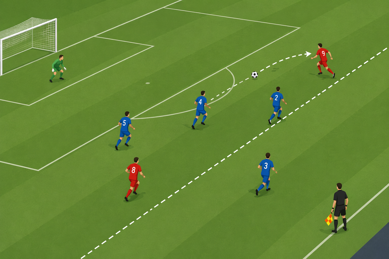 Sideline view of an attacker beyond a dashed offside line as the ball is played forward