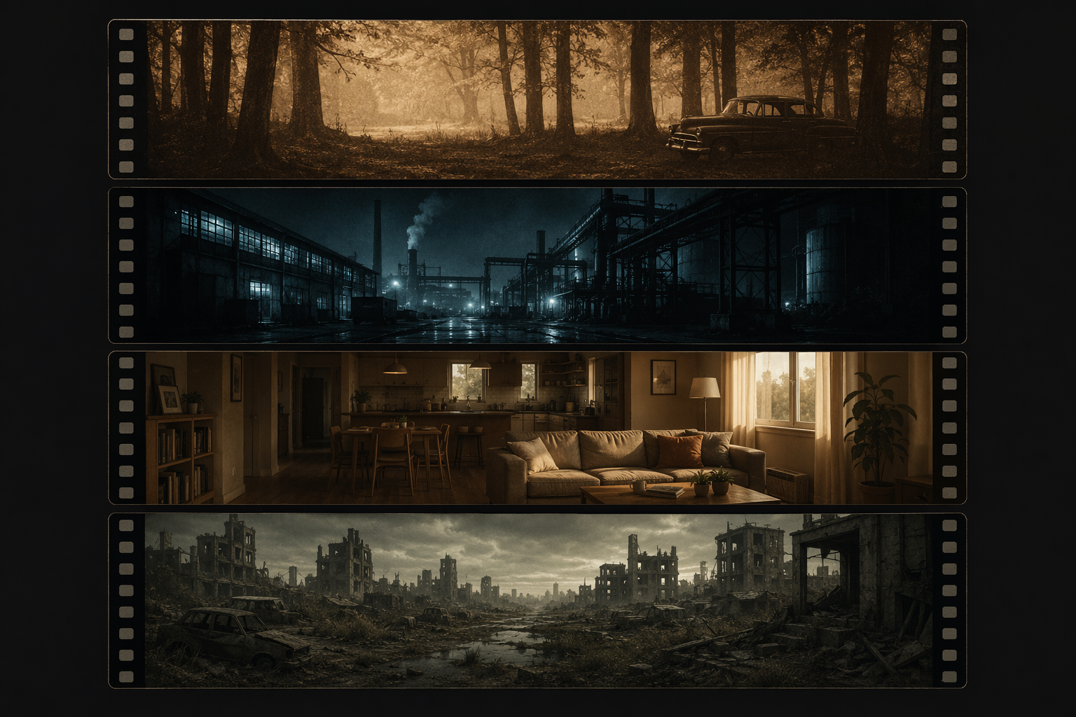 Stacked film-strip bands showing warm sepia, cool blue, contemporary warm, and desaturated post-apocalyptic color palettes