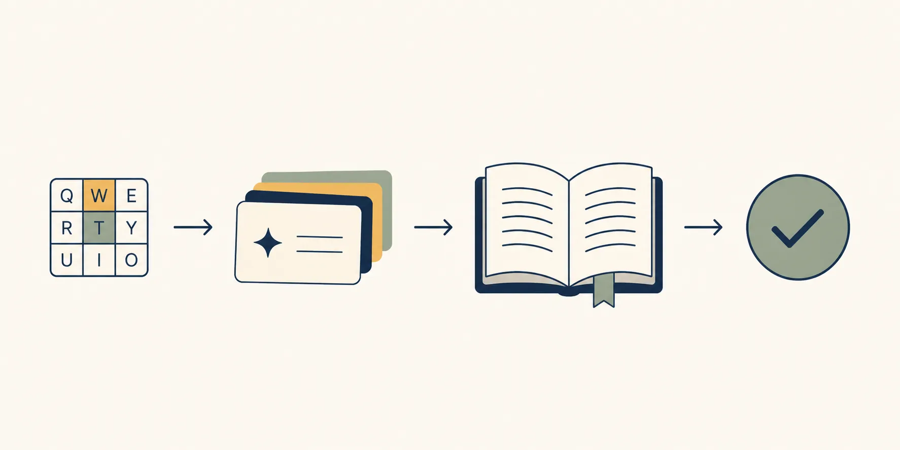 Process illustration showing a small word puzzle leading to flashcards, an open book, and a checkmark badge
