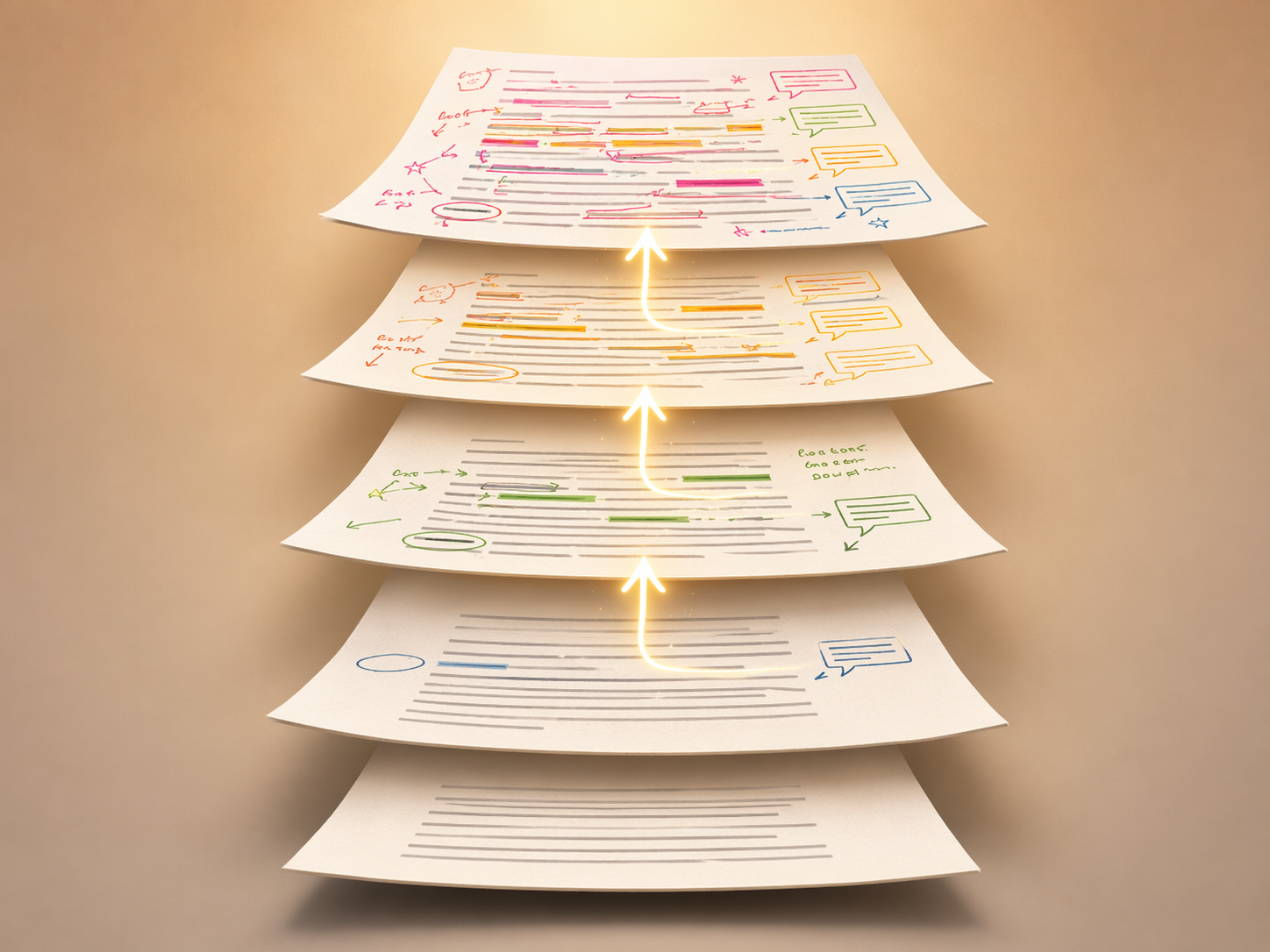 Stacked essay drafts with increasing annotations and revision marks