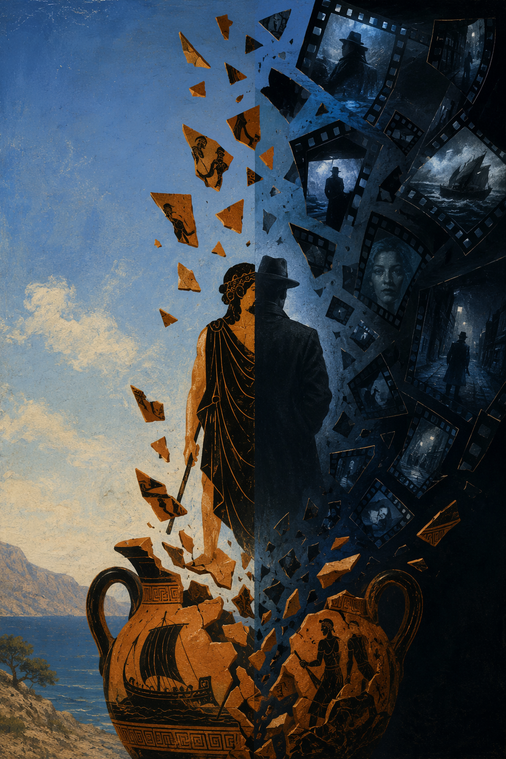 Ancient Greek vase fragments transforming into modern film frames around a divided traveler silhouette