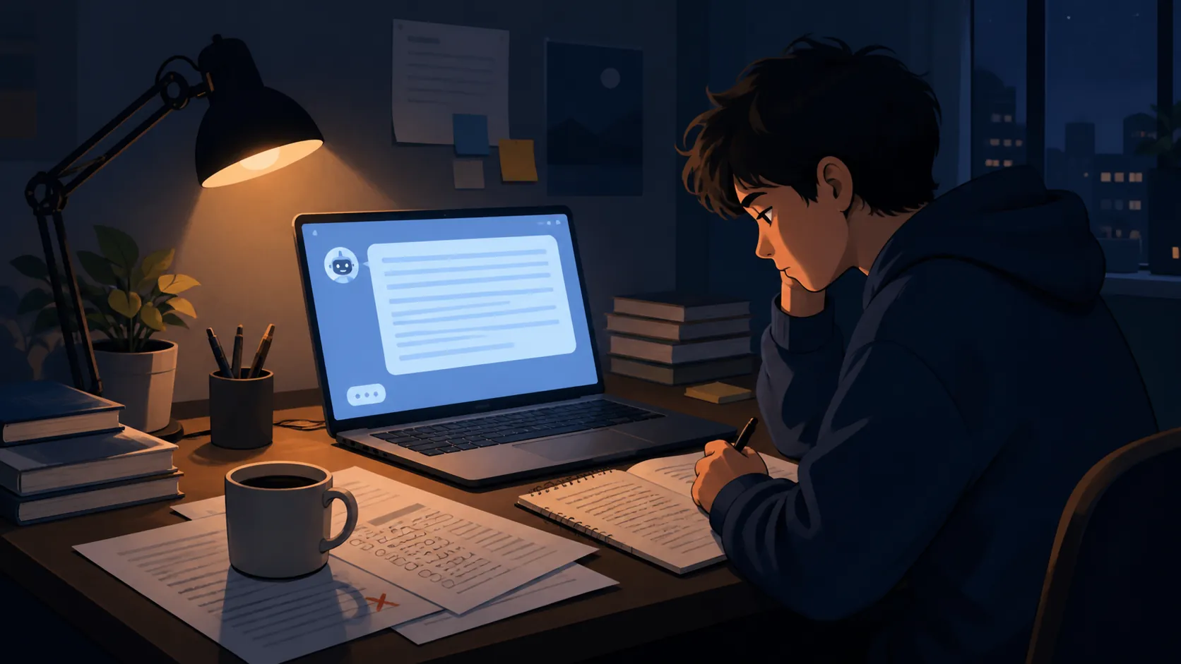 A tired student studies late at night beside a glowing AI chat window and a printed practice sheet marked with a red X.