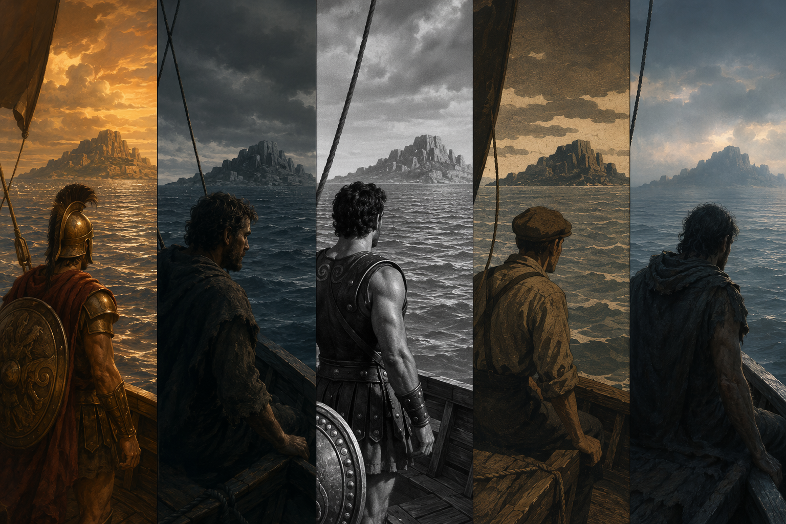 Five differently styled ships crossing the same sea toward a shared island horizon