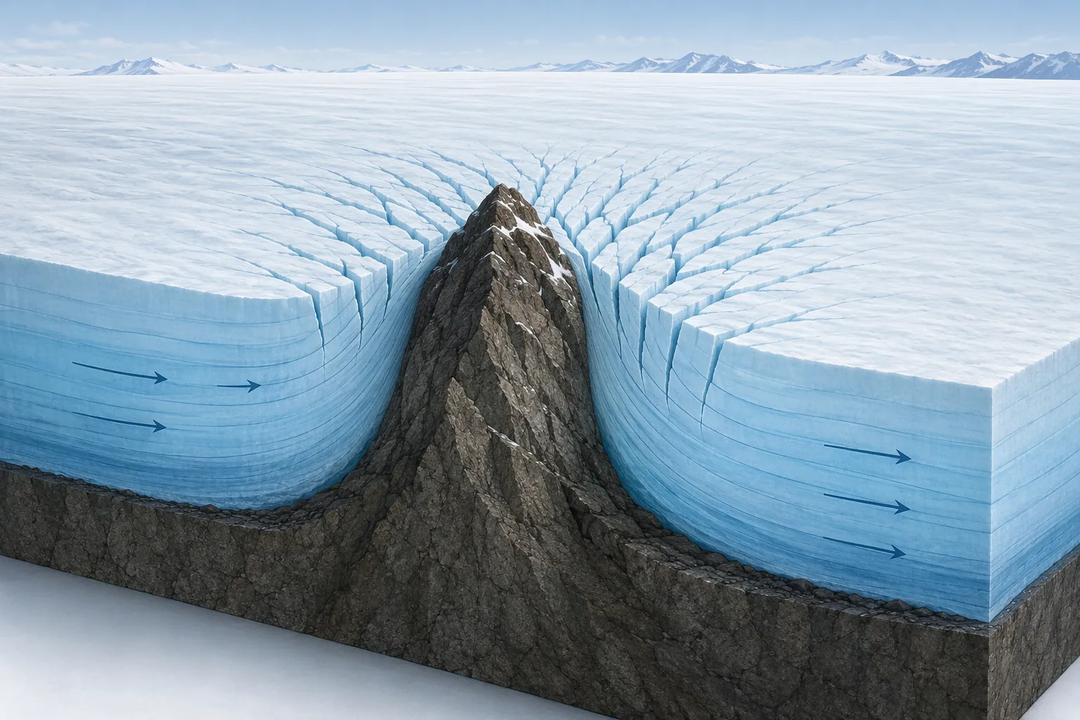 Diagram of a rocky nunatak protruding through ice with flow arrows and radiating crevasse lines