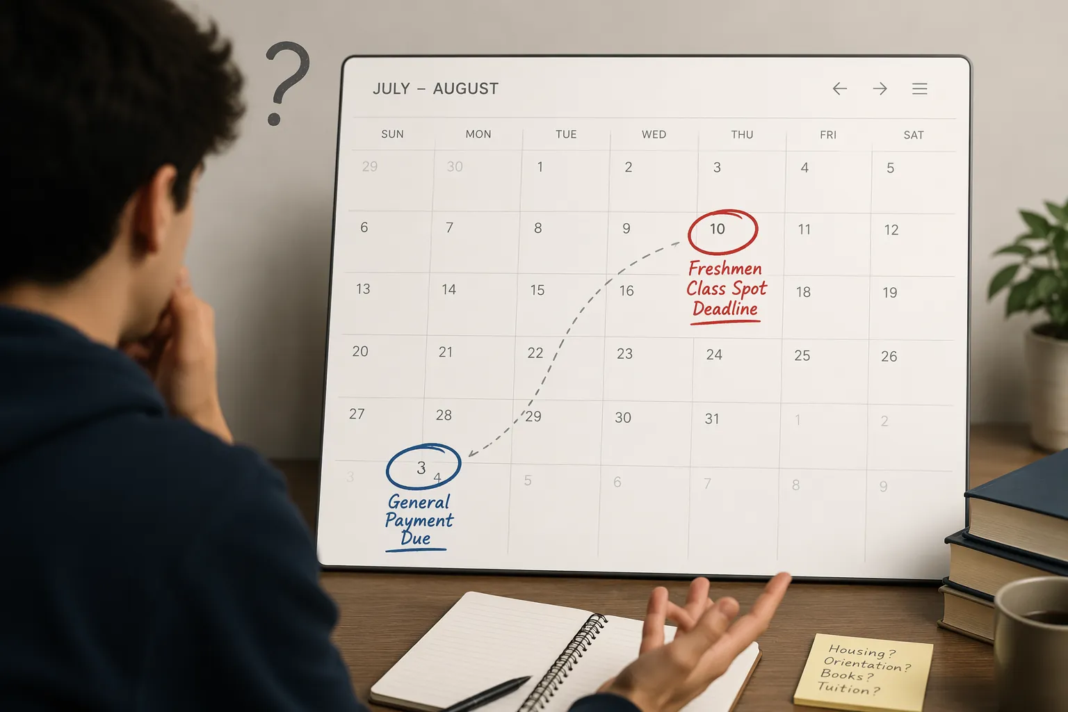 Calendar showing July 10 as the freshmen class spot deadline and August 3 as the general payment due date