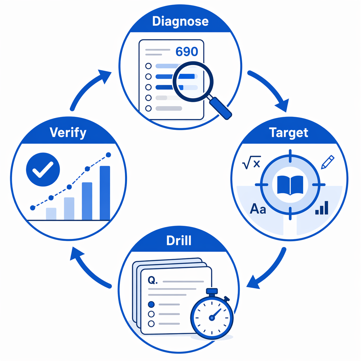 Circular workflow showing Diagnose, Target, Drill, and Verify stages for SAT practice