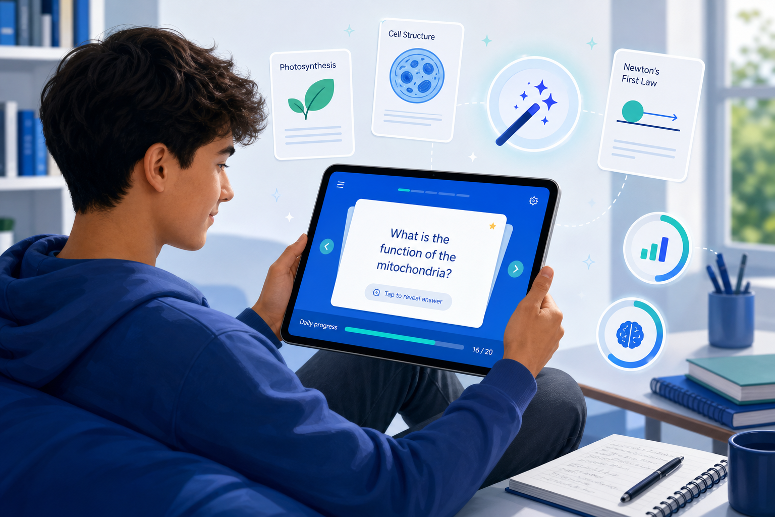 College student studying on a tablet showing a blue-and-teal flashcard app interface with floating card icons and an AI spark icon