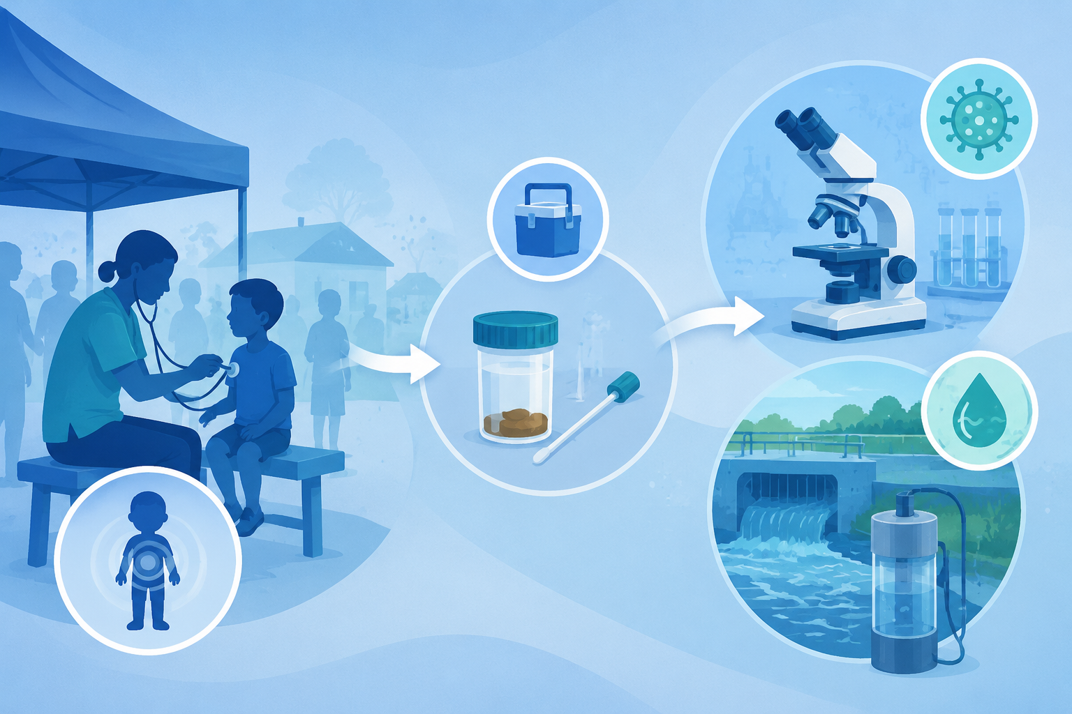 Workflow showing AFP detection, stool sample collection, laboratory testing, and sewage monitoring