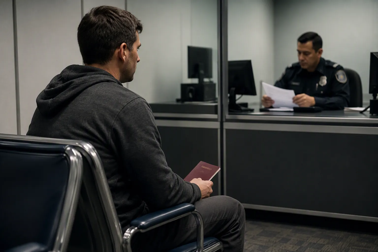 Student waiting in a quiet airport secondary inspection area while an officer reviews documents