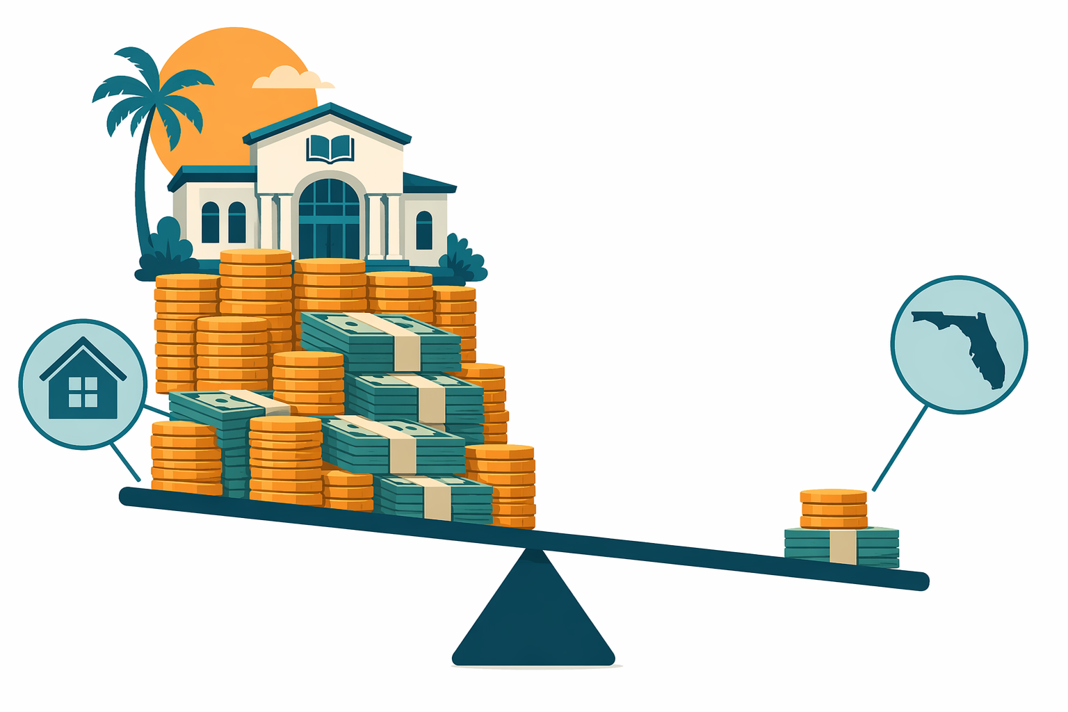 Illustration of a large local property tax funding stack outweighing a smaller state aid stack for libraries